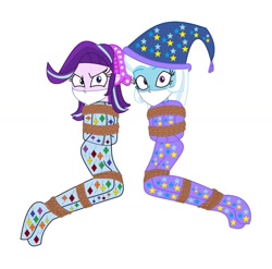 Size: 1280x1263 | Tagged: safe, artist:brightstar40k, starlight glimmer, trixie, equestria girls, g4, arm behind back, bondage, bound and gagged, cloth gag, clothes, footed sleeper, footie pajamas, gag, hat, help us, nightcap, over the nose gag, pajamas, rope, rope bondage, simple background, tied up, trixie's nightcap, white background