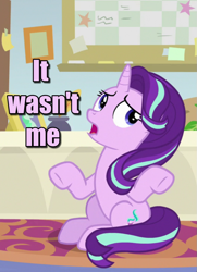 Size: 783x1080 | Tagged: safe, edit, edited screencap, screencap, starlight glimmer, pony, unicorn, a horse shoe-in, g4, caption, cropped, female, image macro, inkwell, it wasn't me, mare, quill, solo, starlight's office, text