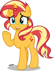 Size: 3060x4000 | Tagged: safe, artist:orin331, sunset shimmer, pony, unicorn, g4, concerned, cutie mark, female, high res, mare, open mouth, open smile, raised hoof, simple background, smiling, solo, transparent background