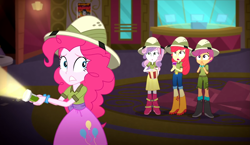 Size: 2253x1306 | Tagged: safe, screencap, apple bloom, pinkie pie, scootaloo, sweetie belle, equestria girls, g4, my little pony equestria girls: summertime shorts, the canterlot movie club, 2010s, 2017, boots, bracelet, clothes, covering mouth, cutie mark crusaders, female, food, hand on mouth, hat, jeans, jewelry, lantern, looking back, looking up, pants, popcorn, shirt, shoes, shorts, skirt, theater, ticket