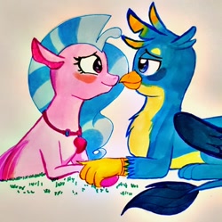 Size: 1000x997 | Tagged: dead source, safe, artist:zevachnostudio, gallus, silverstream, griffon, hippogriff, seapony (g4), g4, blush sticker, blushing, cute, diastreamies, female, gallabetes, holding hands, looking at each other, male, paper, seapony silverstream, ship:gallstream, shipping, simple background, sitting, straight, traditional art, white background
