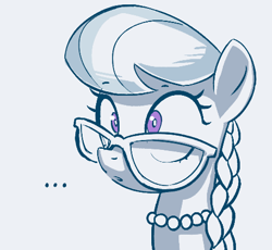 Size: 476x437 | Tagged: safe, artist:pestil, silver spoon, earth pony, pony, g4, ..., braid, bust, confused, explicit source, female, filly, glasses, jewelry, monochrome, necklace, pearl necklace, portrait, simple background, solo, white background