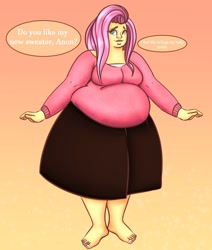 Size: 1280x1506 | Tagged: dead source, safe, artist:sweetslugslime, fluttershy, equestria girls, g4, barefoot, bbw, belly, big belly, clothes, fat, fattershy, feet, female, gradient background, implied anon, obese, solo, ssbbw, sweater, sweatershy