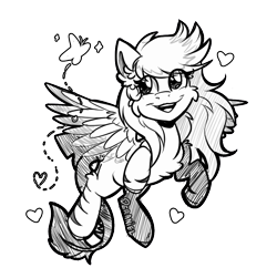 Size: 865x838 | Tagged: safe, artist:deraniel, oc, oc only, oc:silver hush, pony, black and white, chest fluff, ear fluff, fluffy, flying, grayscale, happy, monochrome, simple background, sketch, smiling, solo, transparent background