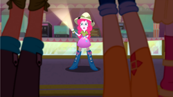 Size: 2647x1490 | Tagged: safe, screencap, apple bloom, pinkie pie, scootaloo, sweetie belle, eqg summertime shorts, equestria girls, g4, the canterlot movie club, boots, clothes, cutie mark crusaders, female, hat, jeans, lantern, legs, looking at someone, pants, shirt, shoes, shorts, skirt, theater