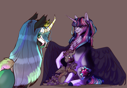 Size: 2550x1778 | Tagged: safe, artist:kiwigoat-art, queen chrysalis, oc, oc only, oc:paradox, alicorn, changeling, draconequus, hybrid, pony, g4, chest fluff, draconequus oc, female, interspecies offspring, mare, mother and child, offspring, parent:discord, parent:twilight sparkle, parents:discolight, redesign, simple background, trio, unshorn fetlocks