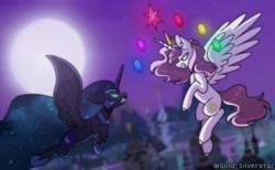 Size: 640x394 | Tagged: safe, artist:gold_silverstar, nightmare moon, princess celestia, alicorn, pony, g4, angry, duo, element of generosity, element of honesty, element of kindness, element of laughter, element of loyalty, element of magic, elements of harmony, female, flying, full moon, mare, moon, night, pink-mane celestia, sky, this will end in banishment, younger