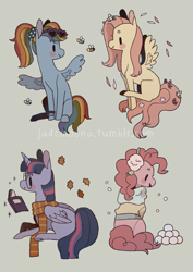 Size: 2048x2897 | Tagged: safe, artist:jademoona, fluttershy, pinkie pie, rainbow dash, twilight sparkle, alicorn, bee, earth pony, insect, pegasus, pony, g4, alternate hairstyle, autumn, book, clothes, earmuffs, female, flower, flower in hair, flower in tail, glasses, high res, leaf, mare, ponytail, profile, prone, scarf, scrunchie, seasons, sitting, snow, snowball, spring, summer, sunglasses, twilight sparkle (alicorn), winter