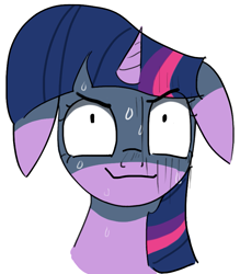 Size: 779x889 | Tagged: safe, twilight sparkle, pony, unicorn, g4, bust, female, floppy ears, grin, mare, nervous, portrait, reaction image, scary face, simple background, smiling, solo, sweat, white background, wide eyes