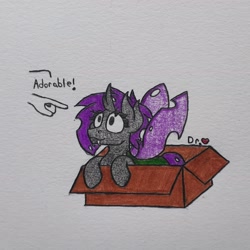 Size: 2673x2673 | Tagged: safe, artist:drheartdoodles, oc, oc:nadalia, changeling, behaving like a cat, box, cardboard box, changeling in a box, changeling oc, disembodied hand, fangs, hand, high res, offscreen character, pointing, purple changeling, smiling, traditional art