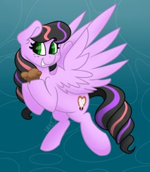 Size: 1280x1466 | Tagged: safe, artist:cadetredshirt, oc, oc only, oc:noel pastel, pegasus, pony, commission, curly hair, flying, food, freckles, looking at you, muffin, smiling, solo