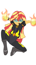 Size: 1280x2276 | Tagged: safe, artist:iamsheila, sunset shimmer, equestria girls, g4, commissioner:darkmalcontent, equestrian city, female, fiery shimmer, fire, simple background, solo, superhero, transparent background