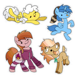 Size: 1000x1000 | Tagged: safe, artist:luminousdazzle, oc, oc only, oc:almond, oc:meno, oc:stuben, oc:sunny clouds, deer, earth pony, pegasus, pony, unicorn, bottomless, chibi, clothes, hat, leg warmers, partial nudity, simple background, striped leg warmers, sweater, transparent background