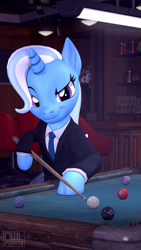 Size: 1080x1920 | Tagged: safe, artist:owlpirate, trixie, pony, unicorn, g4, 3d, arm hooves, bipedal, clothes, dexterous hooves, female, pool cue, pool table, solo, source filmmaker, suit, watermark