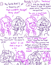 Size: 4779x6013 | Tagged: safe, artist:adorkabletwilightandfriends, starlight glimmer, twilight sparkle, alicorn, pony, unicorn, comic:adorkable twilight and friends, g4, adorkable, adorkable twilight, comic, computer, cute, dork, education, foal, friends, friendship, fun, grading, humor, insults, joking, laptop computer, school, silly, sitting, teasing, twilight sparkle (alicorn), walking