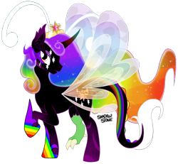 Size: 3858x3558 | Tagged: safe, artist:theshadowstone, oc, oc only, oc:princess changeling rainbow magic pants, alicorn, bat pony, breezie, draconequus, pony, colored wings, crown, donut steel, element of magic, female, flowing mane, flowing tail, gradient wings, high res, intentionally bad, jewelry, multicolored hair, multicolored wings, rainbow hair, rainbow tail, rainbow wings, regalia, show accurate, simple background, solo, transparent background, wings