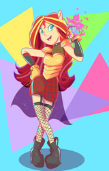 Size: 2026x3167 | Tagged: dead source, safe, artist:pettypop, sunset shimmer, equestria girls, g4, abstract background, armor, clothes, female, fishnet stockings, high res, leggings, ponied up, promare, shoes, solo