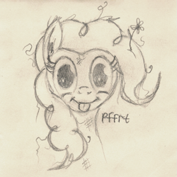Size: 1035x1035 | Tagged: safe, artist:hotkinkajou, pinkie pie, earth pony, pony, g4, :p, bust, dirty, female, looking at you, messy mane, onomatopoeia, pencil drawing, raspberry, raspberry noise, simple background, solo, tongue out, traditional art