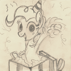 Size: 1062x1062 | Tagged: safe, artist:hotkinkajou, pinkie pie, pony, g4, box, confetti, female, hat, looking at you, party hat, pencil drawing, pom pom, pony in a box, present, simple background, solo, traditional art
