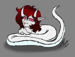 Size: 4000x3000 | Tagged: safe, artist:move, oc, oc only, oc:chebi, lamia, original species, pony, snake, snake pony, crossed hooves, crystal eyes, elf ears, female, floof snek, fluffy, horns, leaning, red mane, rough lineart, sketch, smug, solo, tongue out, white fur