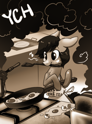 Size: 800x1082 | Tagged: safe, artist:28gooddays, pony, bread, breakfast in bed, coffee, commission, cooking, food, monochrome, solo, toast, your character here