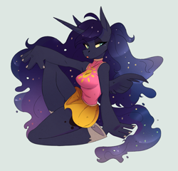 Size: 2251x2163 | Tagged: safe, artist:1an1, princess luna, alicorn, anthro, unguligrade anthro, g4, anatomically incorrect, armpits, breasts, clothes, dress, ethereal mane, female, high res, incorrect leg anatomy, mare, simple background, sitting, solo, starry mane, tongue out, white background