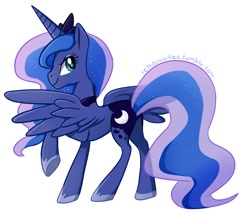 Size: 840x716 | Tagged: safe, artist:tsurime, princess luna, alicorn, pony, g4, crown, cute, female, jewelry, looking back, lunabetes, mare, profile, regalia, simple background, solo, spread wings, white background, wings