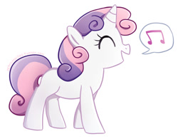 Size: 791x617 | Tagged: safe, artist:tsurime, sweetie belle, pony, unicorn, g4, blank flank, cute, diasweetes, eyes closed, female, filly, music notes, open mouth, profile, simple background, singing, solo, speech bubble, white background