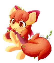 Size: 1280x1494 | Tagged: safe, artist:mochi2-arts, artist:symbianl, apple bloom, earth pony, pony, g4, adorabloom, apple, bow, cute, female, filly, food, hair bow, hair ribbon, messy mane, open mouth, simple background, solo, white background