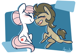 Size: 2500x1750 | Tagged: safe, artist:lilliesinthegarden, doctor whooves, nurse redheart, time turner, earth pony, pony, g4, blushing, female, femboy, male, nuzzling, shipping, straight, turnheart