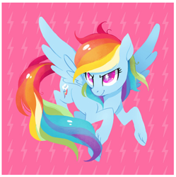 Size: 409x411 | Tagged: safe, artist:tsurime, rainbow dash, pegasus, pony, g4, cutie mark eyes, female, flying, mare, pink background, simple background, smiling, solo, spread wings, unshorn fetlocks, wingding eyes, wings