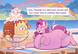 Size: 2500x1750 | Tagged: safe, artist:secretgoombaman12345, apple bloom, diamond tiara, scootaloo, sweetie belle, earth pony, pony, beach, beach towel, chubby diamond, cutie mark crusaders, dialogue, fat, food, food transformation, gloating, hoof hold, ice cream, imminent vore, implied vore, inanimate tf, ocean, prone, revenge, smiling, smug, speech bubble, spoon, transformation, umbrella, vore, worried