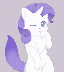 Size: 1280x1438 | Tagged: safe, artist:pegacornss, rarity, cat, cat pony, original species, pony, unicorn, g4, ;p, bipedal, catified, chest fluff, cute, female, fluffy, licking, no pupils, one eye closed, paw licking, purple background, raribetes, raricat, simple background, solo, species swap, tongue out, wink