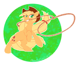 Size: 1608x1357 | Tagged: safe, artist:pheebadohdoh, artist:pheepupper, applejack, earth pony, pony, g4, abstract background, circle background, cute, female, heart eyes, jackabetes, lasso, leg fluff, mare, mouth hold, rope, simple background, solo, transparent background, wingding eyes