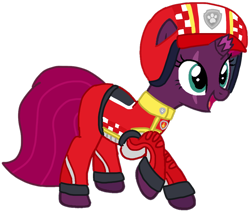 Size: 1056x901 | Tagged: safe, artist:徐詩珮, fizzlepop berrytwist, tempest shadow, pony, unicorn, series:sprglitemplight diary, series:sprglitemplight life jacket days, series:springshadowdrops diary, series:springshadowdrops life jacket days, g4, alternate universe, base used, broken horn, clothes, cute, eye scar, female, helmet, horn, mare, marshall (paw patrol), open mouth, paw patrol, paw prints, raised hoof, really race rescue, scar, simple background, smiling, solo, transparent background