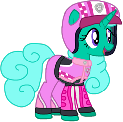 Size: 1012x1005 | Tagged: safe, artist:徐詩珮, glitter drops, pony, unicorn, series:sprglitemplight diary, series:sprglitemplight life jacket days, series:springshadowdrops diary, series:springshadowdrops life jacket days, g4, alternate universe, base used, clothes, cute, eyelashes, female, helmet, mare, open mouth, paw patrol, paw prints, really race rescue, simple background, skye (paw patrol), smiling, solo, transparent background