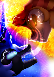 Size: 2480x3508 | Tagged: safe, artist:gipumar, artist:mazeness, daybreaker, nightmare moon, alicorn, pony, a royal problem, g4, blue eyes, blue mane, crossed horns, digital art, duel, duo, duo female, ethereal mane, evil sisters, evil smile, fangs, female, fight, fire, flowing mane, gem, glowing, glowing horn, grin, helmet, high res, horn, looking at each other, looking at someone, magic, mane of fire, mare, open mouth, orange eyes, scowl, sharp teeth, siblings, sisters, smiling, starry mane, teeth, watermark
