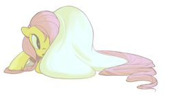 Size: 900x499 | Tagged: safe, artist:tigs, fluttershy, pony, g4, blanket, cute, female, floppy ears, mare, open mouth, shyabetes, simple background, solo, white background