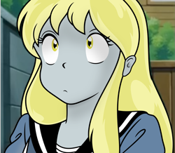 Size: 2235x1952 | Tagged: safe, anonymous artist, derpy hooves, human, g4, anime, clothes, female, humanized, pony coloring, school uniform, solo, underp, urusei yatsura