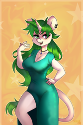 Size: 2000x3000 | Tagged: safe, artist:sugarstar, oc, oc only, oc:sugarstar, unicorn, anthro, rcf community, bedroom eyes, big breasts, breasts, clothes, curvy, dress, ear piercing, earring, fangs, female, hand on hip, heterochromia, high res, horn, jewelry, leonine tail, looking at you, mare, necklace, one leg raised, open mouth, piercing, simple background, smiling, solo, standing