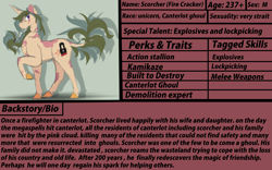 Size: 3209x2000 | Tagged: safe, artist:shirofluff, oc, oc only, oc:scorcher, ghoul, pony, undead, unicorn, fallout equestria, bio, canterlot ghoul, high res, male, raised hoof, reference sheet, scar, shadow, solo, stallion