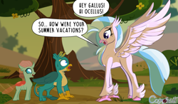 Size: 1347x787 | Tagged: safe, artist:cosmonaut, gallus, ocellus, silverstream, changedling, changeling, griffon, hippogriff, g4, cute, diaocelles, diastreamies, fangs, gallabetes, growth spurt, size difference