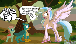 Size: 1347x787 | Tagged: safe, artist:cosmonaut, gallus, ocellus, silverstream, changedling, changeling, classical hippogriff, griffon, hippogriff, pony, g4, age difference, bully, bullying, female, giant pony, growth spurt, imminent snu snu, innuendo, male, older, older silverstream, ship:gallstream, shipping, size difference, straight