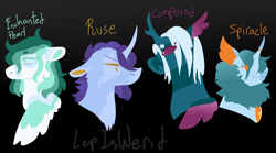 Size: 1800x1000 | Tagged: safe, artist:lepiswerid, oc, oc only, oc:compound, oc:enchanted pearl, oc:ruse, oc:spiracle, changedling, changeling, changepony, hybrid, pegasus, pony, unicorn, angry, black background, fluffy, half-siblings, interspecies offspring, magical lesbian spawn, marsverse, multiple species, offspring, parent:hoo'far, parent:maud pie, parent:pharynx, parent:trixie, parents:mauxie, parents:phartrix, parents:trixfar, simple background, sparkles, tired, twins