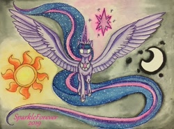 Size: 1280x948 | Tagged: safe, artist:sparkleforever, twilight sparkle, alicorn, pony, g4, crown, cutie mark, cutie mark background, ethereal mane, glowing eyes, horn, jewelry, long mane, long tail, moon, painting, regalia, spread wings, stars, sun, twilight sparkle (alicorn), wings