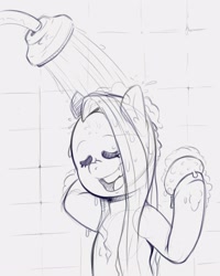 Size: 2000x2500 | Tagged: safe, artist:raph13th, fluttershy, pegasus, pony, g4, eyes closed, female, grayscale, high res, hoof hold, mare, monochrome, open mouth, shower, showering, sketch, solo, sponge, wet mane