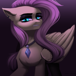Size: 2000x2000 | Tagged: safe, artist:villjulie, fluttershy, pegasus, pony, g4, cute, cute little fangs, dark, ear piercing, earring, eyebrows, eyeshadow, fangs, female, fluttergoth, folded wings, frown, gradient background, high res, jewelry, looking at you, makeup, mare, necklace, piercing, shyabetes, solo, teeth, wings