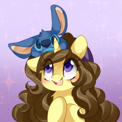 Size: 1000x1000 | Tagged: safe, artist:loyaldis, oc, oc:astral flare, pony, unicorn, adorkable, beanie, blushing, cute, dork, eye clipping through hair, hat, heart eyes, hooves to the chest, lilo and stitch, looking up, open mouth, plushie, smiling, stars, stitch, wingding eyes