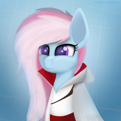 Size: 3000x3000 | Tagged: safe, artist:toxinagraphica, kerfuffle, earth pony, pony, g4, animus, assassin, assassin's creed, clothes, cosplay, costume, crossover, cute, ezio auditore, glowing eyes, happy, high res, hood, lineless, loading, reflection, simple background, smiling, solo