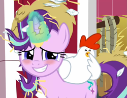 Size: 993x767 | Tagged: safe, screencap, starlight glimmer, bird, chicken, pony, unicorn, g4, harvesting memories, my little pony: friendship is forever, blushing, cropped, cute, daaaaaaaaaaaw, feather, female, glimmerbetes, mare, solo